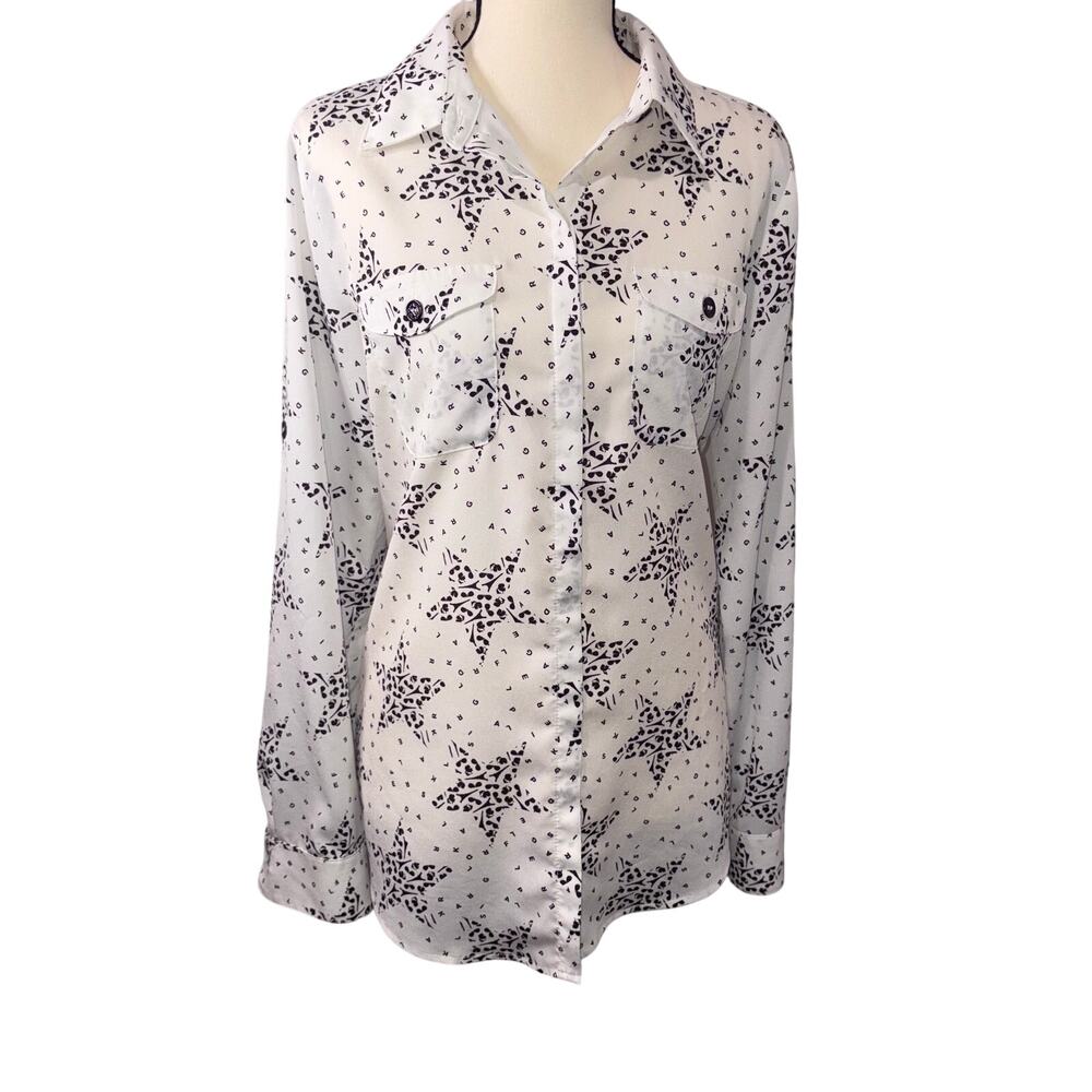 Karl Lagerfeld Paris White Star Logo Print Button Down Blouse Shirt Roll Tab M